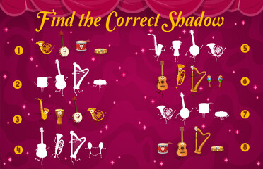 Poster - Find the correct shadow of cartoon musical instrument characters. Kids vector matching game worksheet with funny guitar, saxophone and jembe drum, banjo, harp and french horn, tambourine or maracas