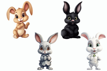 Aufkleber - Safari Animal set brown, black, grey, white rabbit in 3d style. Isolated. Generative AI