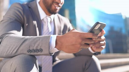 Poster - Stairs, man and professional with smartphone, hands or typing for social media, connection or lunch break. Closeup, male employee or consultant outdoor, steps or cellphone with mobile app or chatting