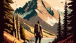 Generative AI. Adventure outdoor nature motivational poster with man standing in fron of a mountain. Graphic Art Illustration.