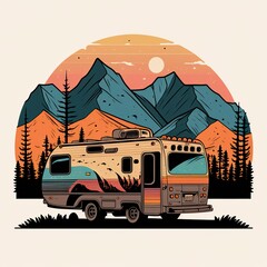 Generative AI. Vintage Retro camper rv home truck. Adventure trip journy motivational poster. Can be used for decoration and inspiration. Graphic Art Illustration.