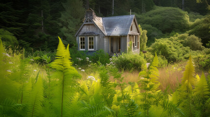 Canvas Print - An idyllic eco-house nestled in a lush meadow surrounded by wildflowers, ferns, and moss, capturing the essence of sustainable and environmentally conscious living