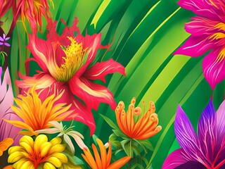 Wall Mural - Tropical plants and flowers are featured in a colorful, brilliant flowery background. 