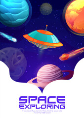Poster - Cartoon space landing page with fantasy galaxy landscape, planets and ufo vector background. Website template of space exploration or astronomy science project launch, business startup landing page