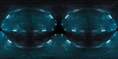 Leinwandbilder - Futuristic Hdri interior corridor with neon lights on panel walls. 360 degree panoramic view of triangle shaped spaceship background in space station. Vr projection of pyramid style neon lights