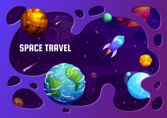 Poster - Paper cut space landscape. Galaxy planets and spaceship. Outerspace discovery paper cut vector banner with earth and alien planets, cartoon comets, asteroids and rocket spaceship flying in outerspace