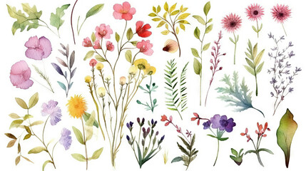  Set of illustrations of flowers, plants, pots, garden plants, decorative design elements, watercolor illustrations isolated on white background usable for design stickers wallpapers Generative AI