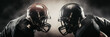 Two football players in uniforms with helmets on their heads compete for the ball against a dark background. Banner. Generative ai