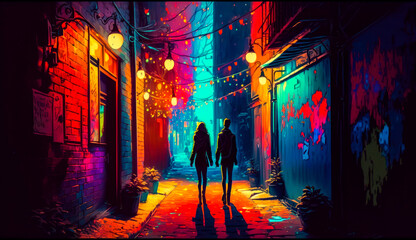 Wall Mural - Man and woman walking down street at night with colorful lights. Generative AI.