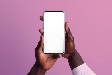 Male or Female hands holding smartphone with blank white screen isolated on purple background. Black man using device. Copy space. Mockup or Template for Presentation. Generative Ai.