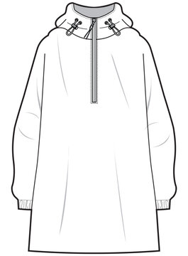 waterproof jacket hooded raincoat flat sketch vector illustration technical cad drawing template