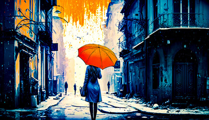 Wall Mural - Woman holding orange umbrella walking down street next to tall buildings. Generative AI.