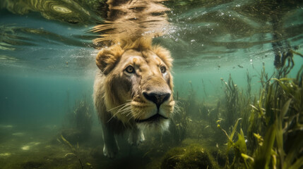 Wall Mural - Big lion diving under water. Generative AI