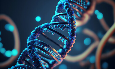 Poster - Concept of the evolution of human DNA in the distant future. View under the microscope. Blue helix background close-up. Generative ai