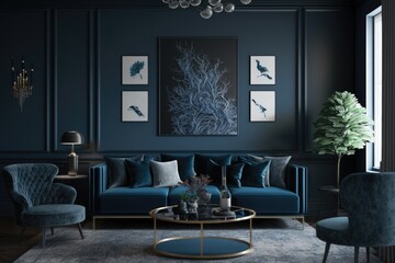 Wall Mural - cozy living room with blue seating. Generative AI