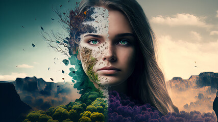 Wall Mural - Surreal woman with natural elements over her face. Conceptual Imaginative portraits evoking different moods, emotions and feelings. Generative ai