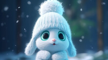 Illustration Of Baby Bunny Rabbit In A Winter Environment Wearing Warm Clothes. Generative AI