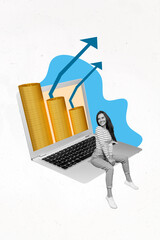 Sticker - Magazine creative picture sketch photo illustration of smiling girl sitting keyboard showing budget progress isolated on drawing background