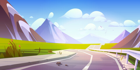 Wall Mural - Mountain road nature landscape illustration. Travel asphalt highway under blue sky with clouds summer cartoon background. Journey pathway outdoor scene in morning. Empty adventure valley concept