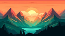 Mountain Peak View Landscape With Sunrise Soft Light. Flat 2d Vector Illustration Background