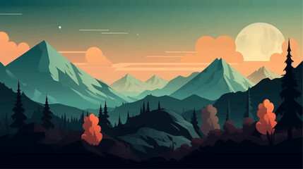 Mountain peak view landscape with sunrise soft light. Flat 2d vector illustration background