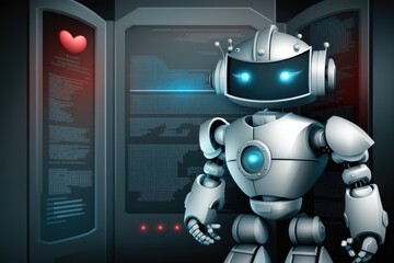 Poster - robot standing in front of a futuristic cityscape. Generative AI