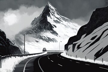 Sticker - scenic mountain road in black and white. Generative AI