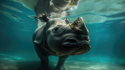 Wall Mural - Rhinoceros under water. Generative AI