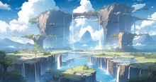 Surrealistic Landscape With Floating Islands And Waterfalls. Generative AI