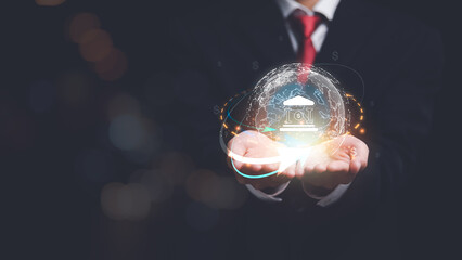 Aufkleber - Businessman showing finance and banking concept ,Analysis of company financial data ,growth in assets and profits ,budget management ,risk management and safety protection ,online payments