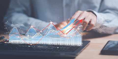 Aufkleber - Businessman reading graph report and business statistics charts ,Analysis and improvement of corporate strategy ,Statistics and Data Concepts ,update annual budget accounts ,business growth graph
