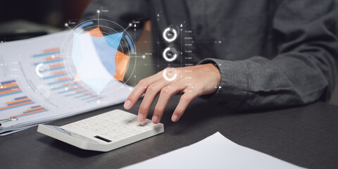 Aufkleber - Businessman reading graph report and business statistics charts ,Analysis and improvement of corporate strategy ,Statistics and Data Concepts ,update annual budget accounts ,business growth graph