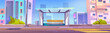 Street bus stop on city road vector background. Day light in town cartoon illustration. Empty pavement near transport station at summer. Panoramic cityscape