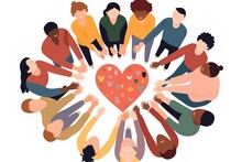 Minimalist Illustration Of A Diverse Group Of People Holding Hands In A Circle, With A Heart At The Center, Support And Unity Concept