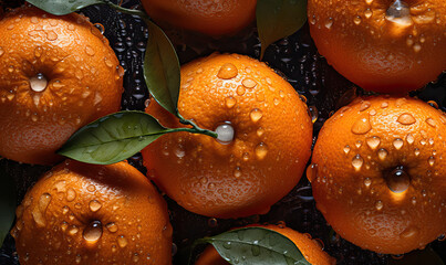 Clementines with water drops on a dark background, Generative AI