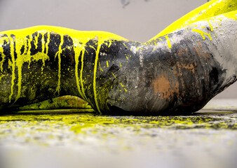 Wall Mural - side view of hip, abdomen and thighs of sexy young nude female woman body doused with black, white and light green paint, elegant on the Studio floor