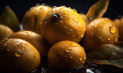 Eggfruits with water drops on a dark background, Generative AI