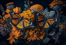 Colorful Monarch Butterflies On Yellow Flowers Yellow Chrysanthemums And Butterflies. Generative AI