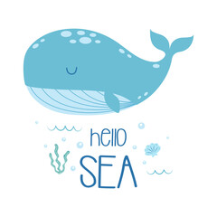 Wall Mural - cute card with cartoon whale and seaweed