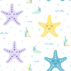 Wall Mural - vector seamless pattern with starfishes and seaweed