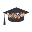 Graduation cap decorated with doodle flower wreath. High education and graduation symbol. Vector isolated illustration