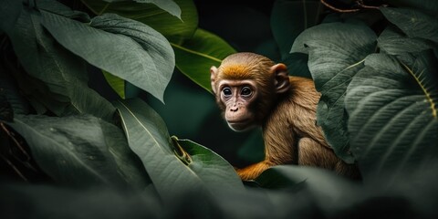 Wall Mural - Squirrel-like brown monkey on a plant with green leaves Generative AI