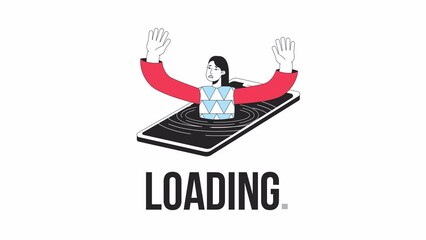 Fototapete - Digital addiction loader animation. Girl drowning in phone. Flash message 4K video footage. Isolated outline colour loading progress indicator with alpha channel transparency for UI, UX web design
