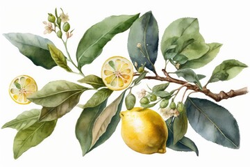 branch with ripe lemons and green leaves painted on it. generative ai