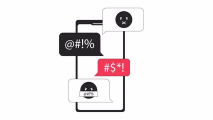 Fototapete - Online blackmail animation. Animated threatening messages on mobile phone 2D cartoon flat colour line object. Harass 4K video concept footage on white with alpha channel transparency for web design