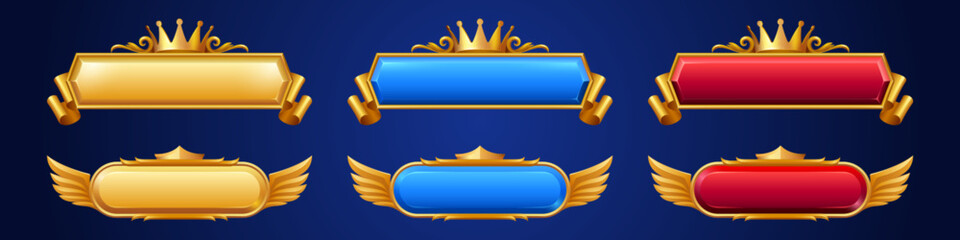 Poster - gold fantasy game button set with crown and wings cartoon vector. medieval golden title border in ye