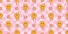Melted Smiley Faces And Flowers, Groovy Seamless Pattern. Retro Hippie Psychedelic Style Vector Wallpaper In 60s, 70s, 80s