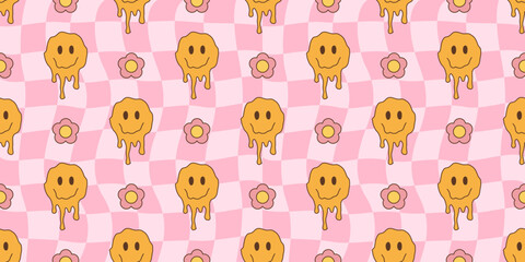 Wall Mural - melted smiley faces and flowers, groovy seamless pattern. retro hippie psychedelic style vector wall
