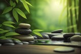 Fototapeta Sypialnia - Bamboo and stones in a wellness spa. Zen Stones and Bamboo on the water. relax, enjoy at spa concept. Generative AI