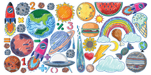 Wall Mural - Space Objects in Pencil Colour Sketch Simple Style